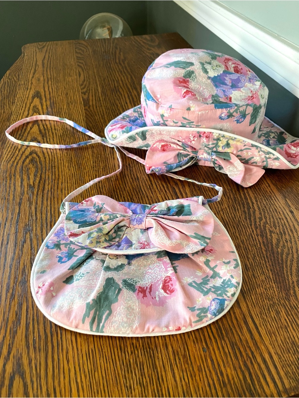 Vintage 1980s 90s Pink Floral Floppy Sun Hat w/ Bow Matching Purse Toddler Girls